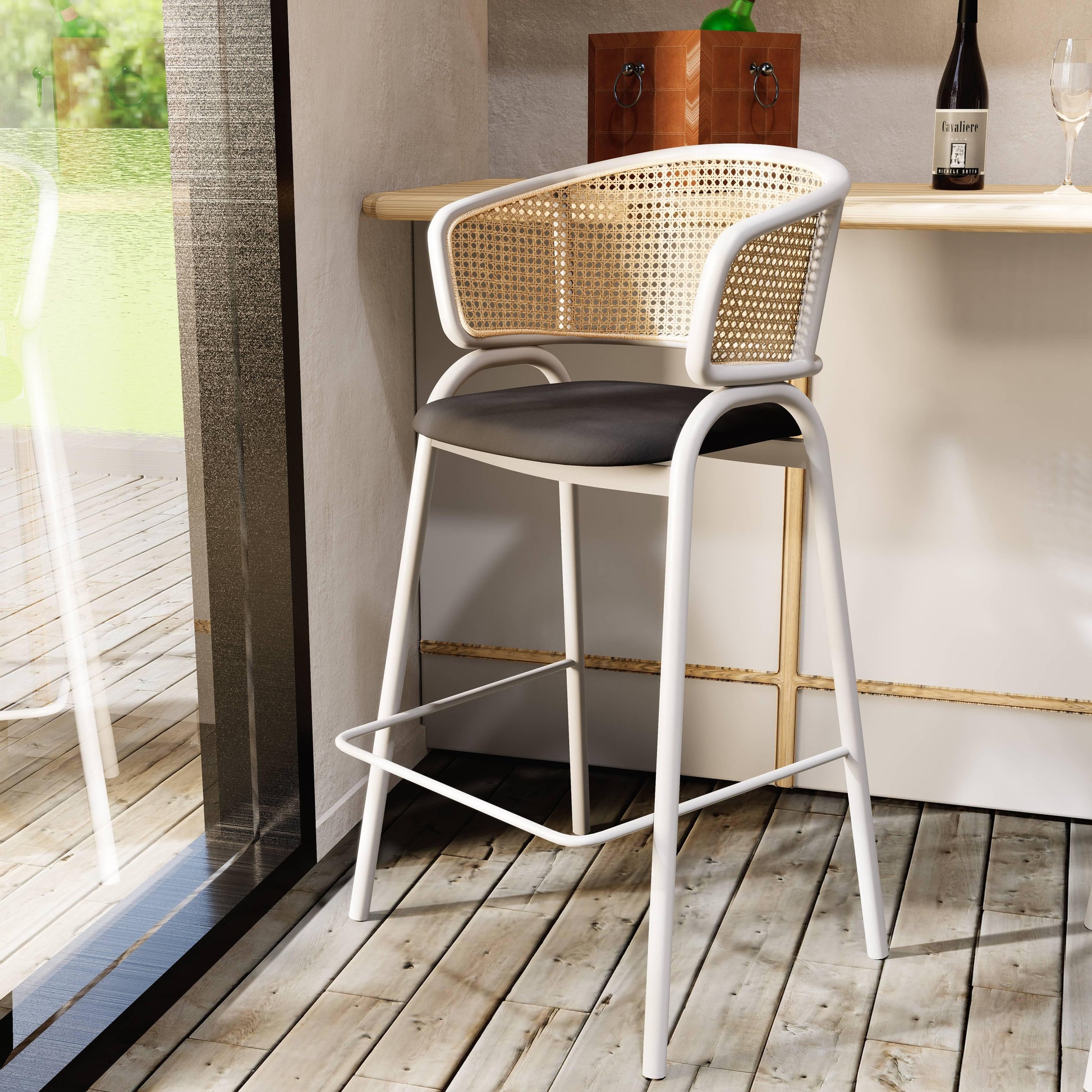 Ervilla Leather Bar Stool with Powder-Coated Stainless Steel Base and Curved Wicker Back Design - Elax Furniture