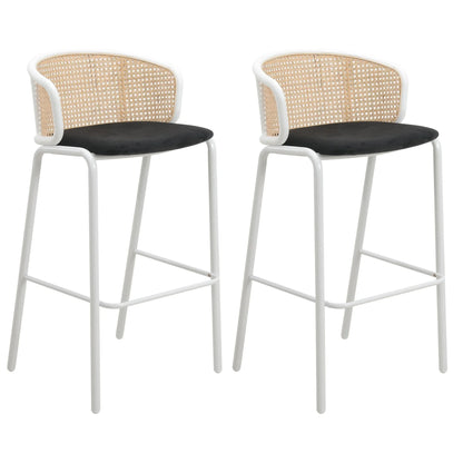 Ervilla Modern Wicker Bar Stool with Fabric Seat and White Powder Coated Steel Frame, Set of 2 - Elax Furniture