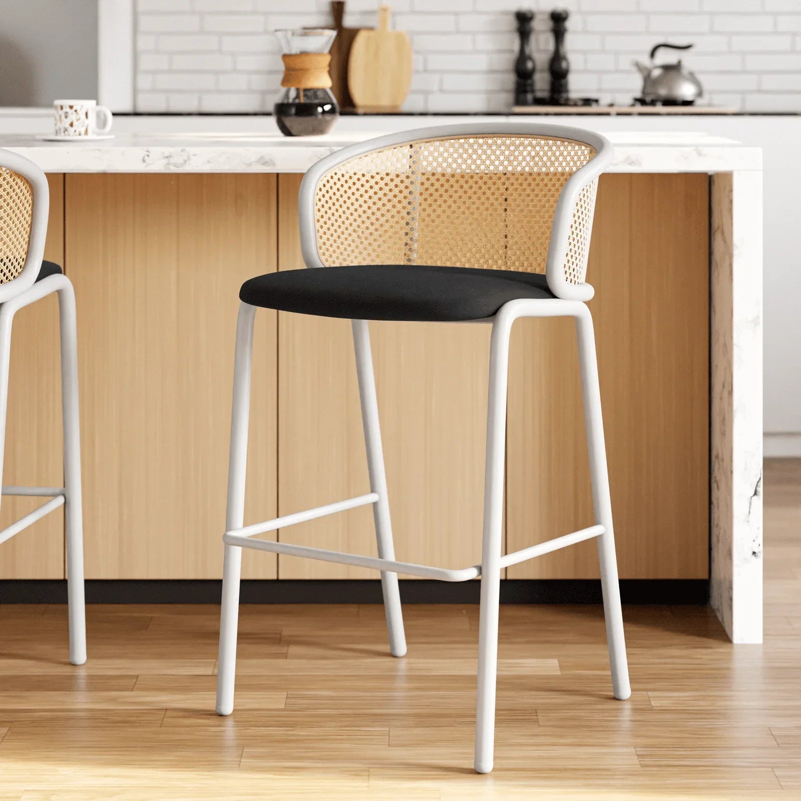 Ervilla Modern Wicker Bar Stool with Fabric Seat and White Powder Coated Steel Frame - Elax Furniture