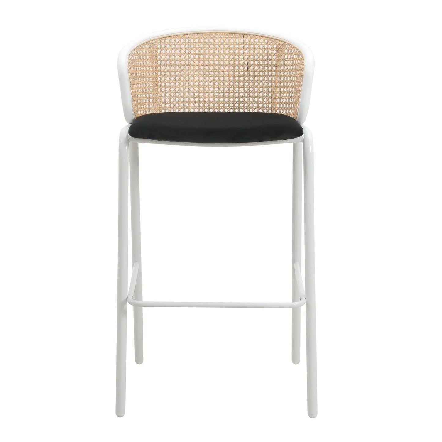 Ervilla Modern Wicker Bar Stool with Fabric Seat and White Powder Coated Steel Frame - Elax Furniture