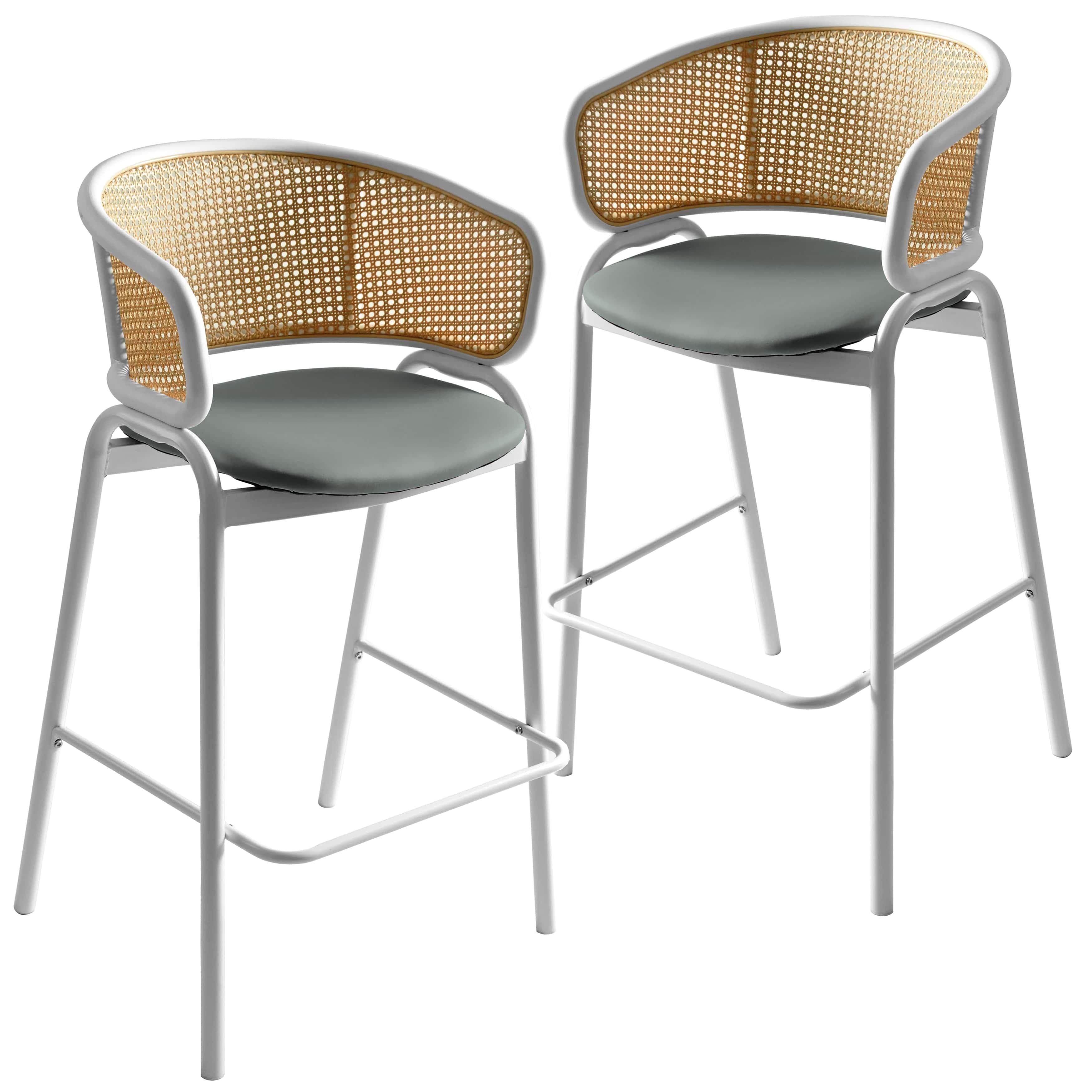 Ervilla Leather Bar Stool with Powder-Coated Stainless Steel Base and Curved Wicker Back Design - Elax Furniture