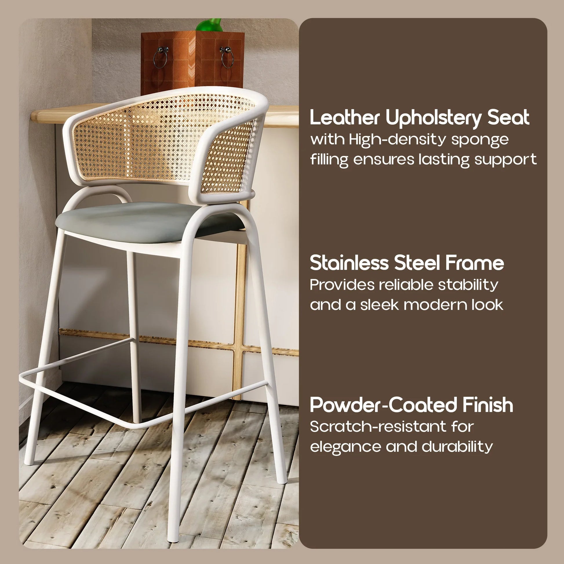 Ervilla Leather Bar Stool with Powder-Coated Stainless Steel Base and Curved Wicker Back Design - Elax Furniture