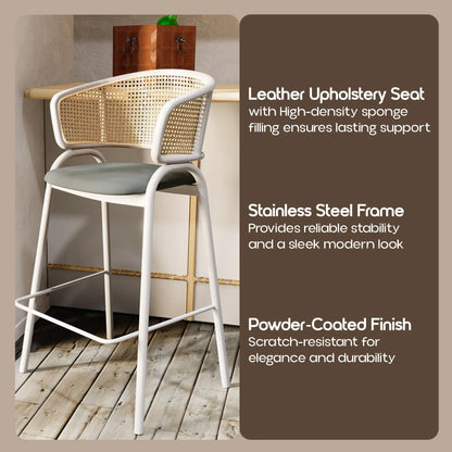 Ervilla Leather Bar Stool with Powder-Coated Stainless Steel Base and Curved Wicker Back Design - Elax Furniture