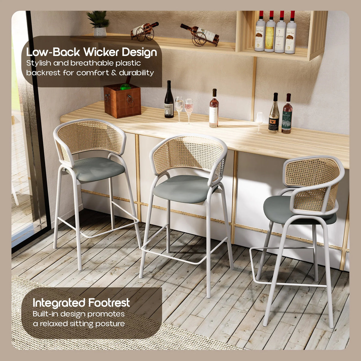 Ervilla Leather Bar Stool with Powder-Coated Stainless Steel Base and Curved Wicker Back Design - Elax Furniture