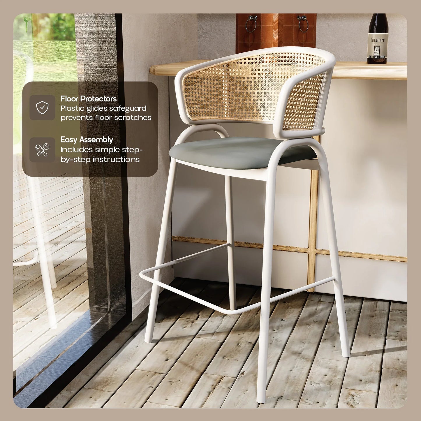 Ervilla Leather Bar Stool with Powder-Coated Stainless Steel Base and Curved Wicker Back Design - Elax Furniture