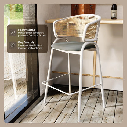 Ervilla Leather Bar Stool with Powder-Coated Stainless Steel Base and Curved Wicker Back Design - Elax Furniture