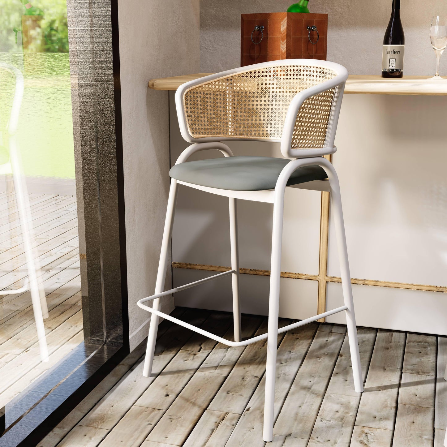 Ervilla Leather Bar Stool with Powder-Coated Stainless Steel Base and Curved Wicker Back Design - Elax Furniture
