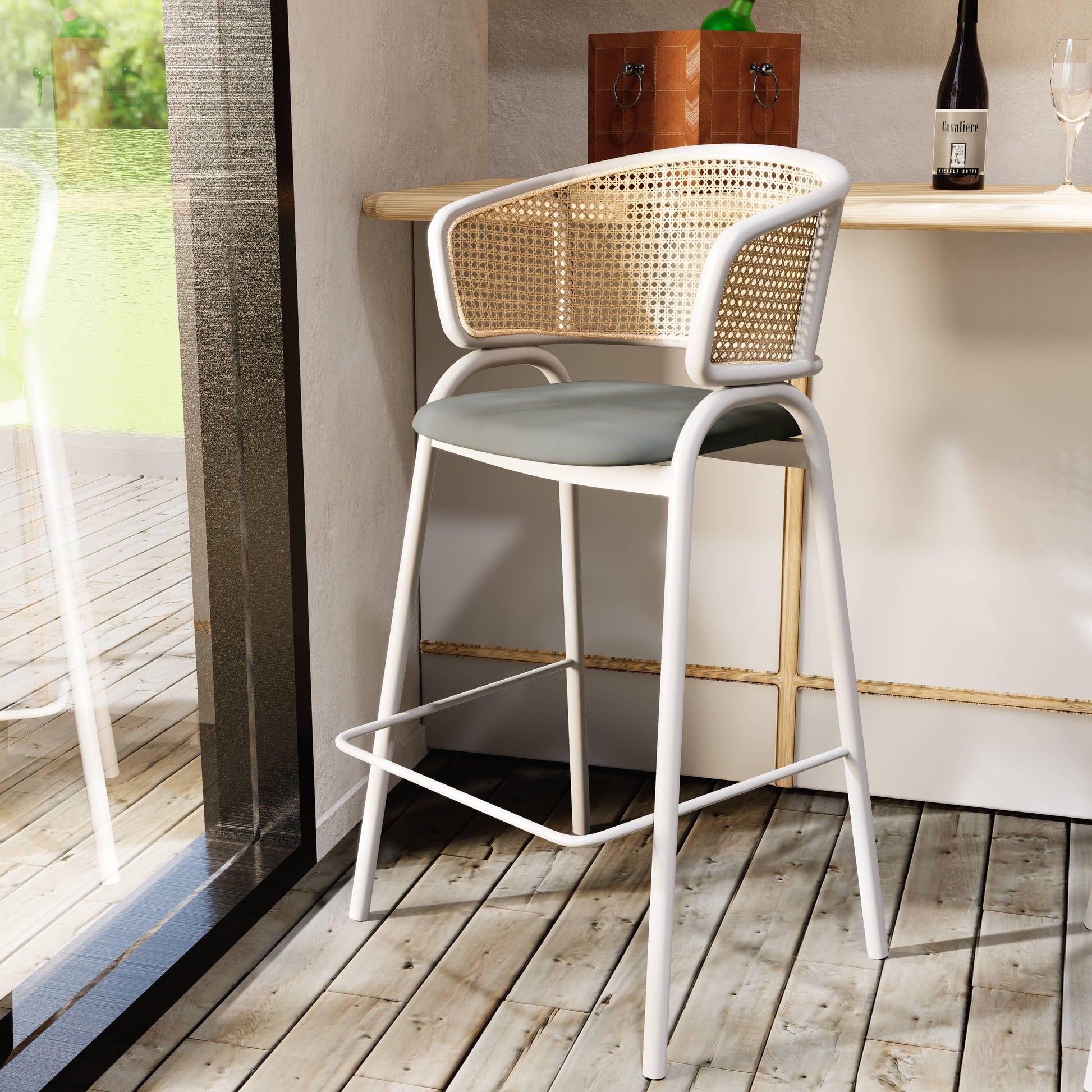 Ervilla Leather Bar Stool with Powder-Coated Stainless Steel Base and Curved Wicker Back Design - Elax Furniture