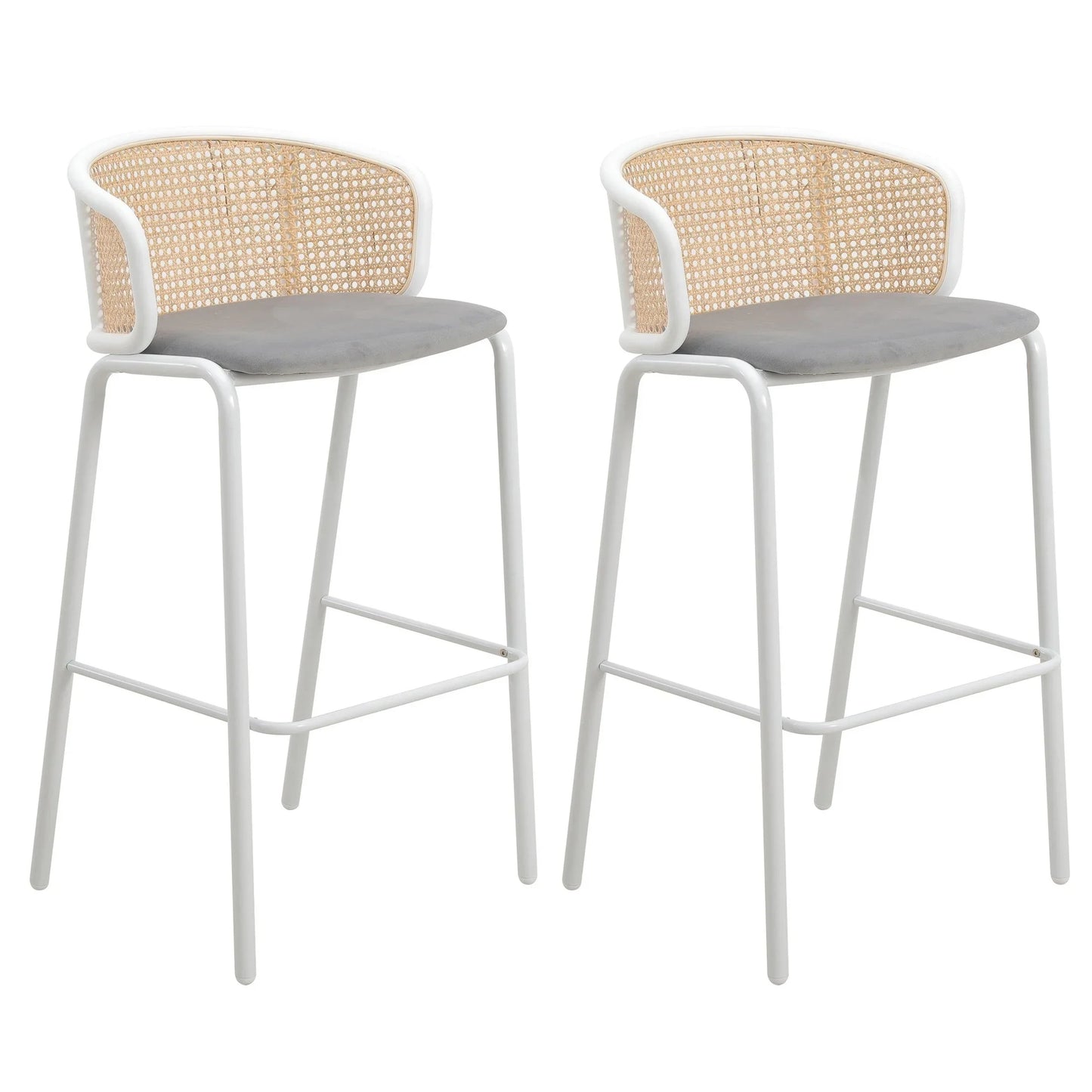 Ervilla Modern Wicker Bar Stool with Fabric Seat and White Powder Coated Steel Frame, Set of 2 - Elax Furniture
