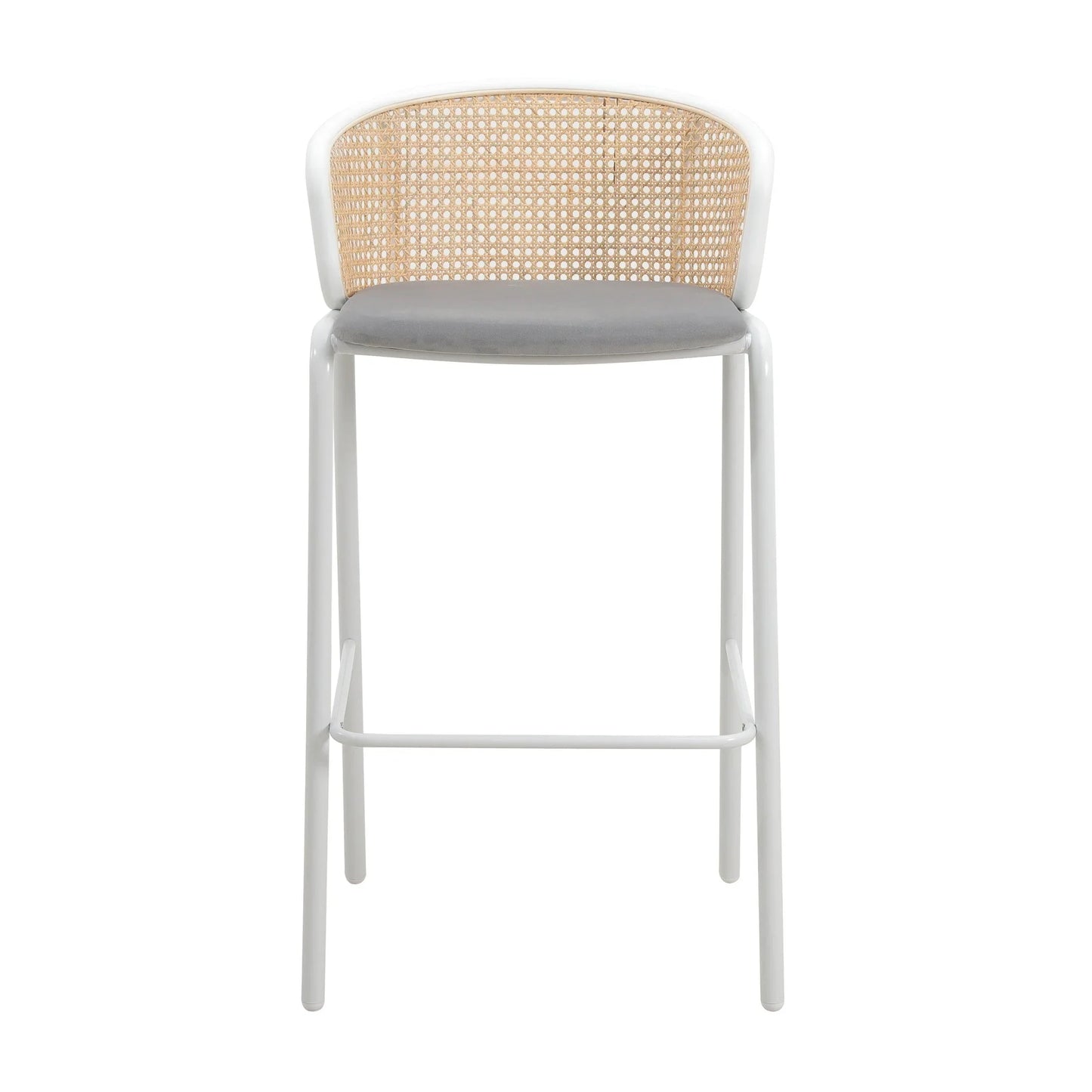 Ervilla Modern Wicker Bar Stool with Fabric Seat and White Powder Coated Steel Frame, Set of 2 - Elax Furniture