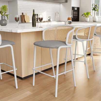 Ervilla Modern Wicker Bar Stool with Fabric Seat and White Powder Coated Steel Frame - Elax Furniture