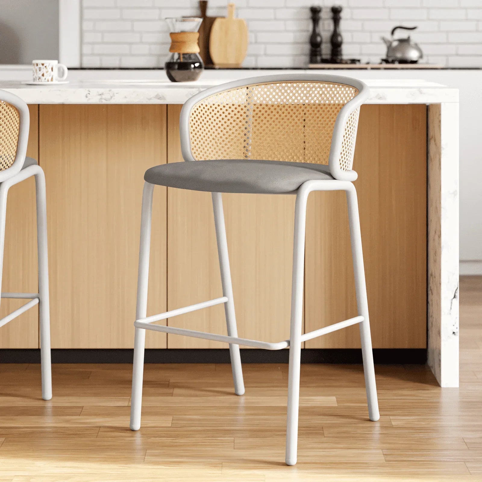 Ervilla Modern Wicker Bar Stool with Fabric Seat and White Powder Coated Steel Frame - Elax Furniture