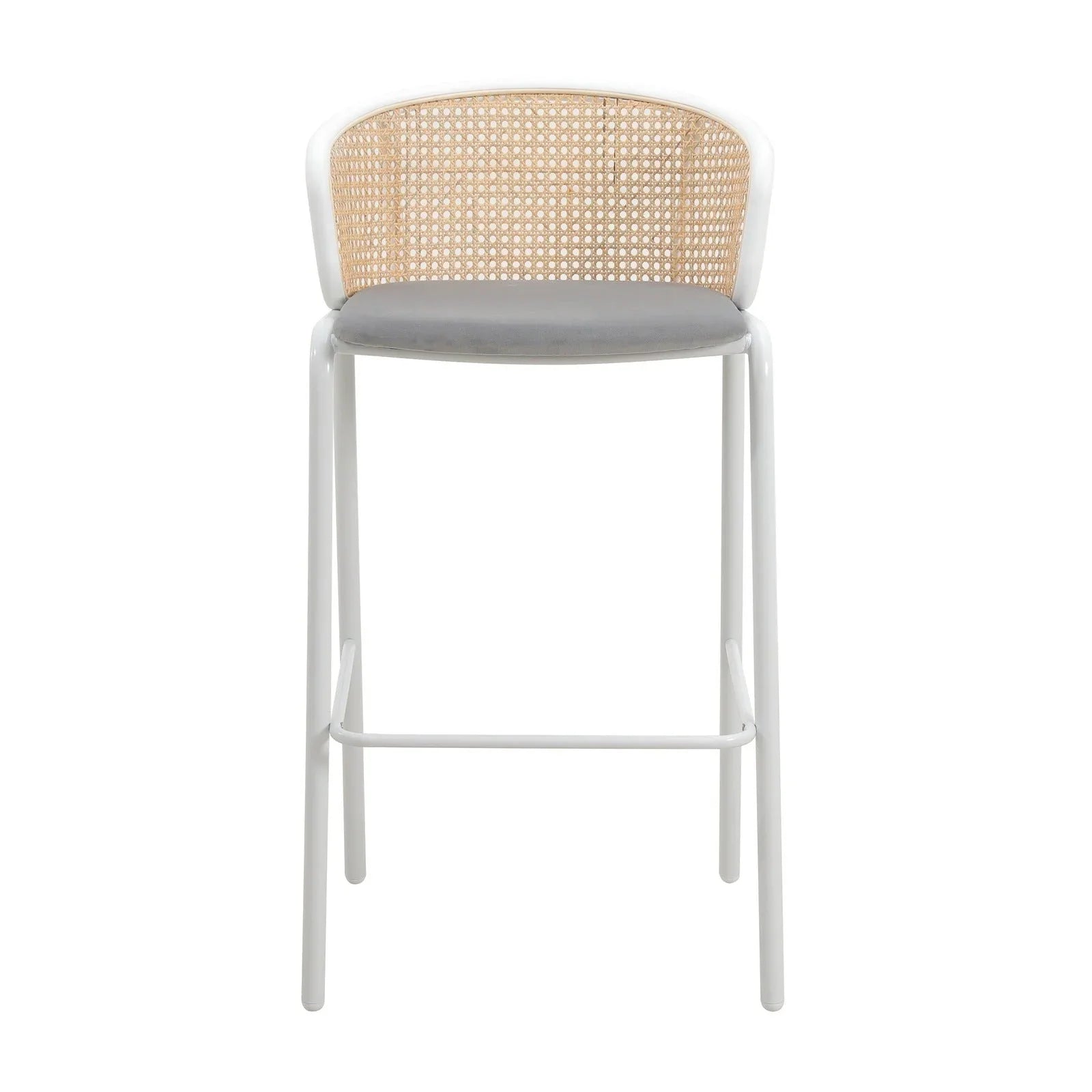 Ervilla Modern Wicker Bar Stool with Fabric Seat and White Powder Coated Steel Frame - Elax Furniture