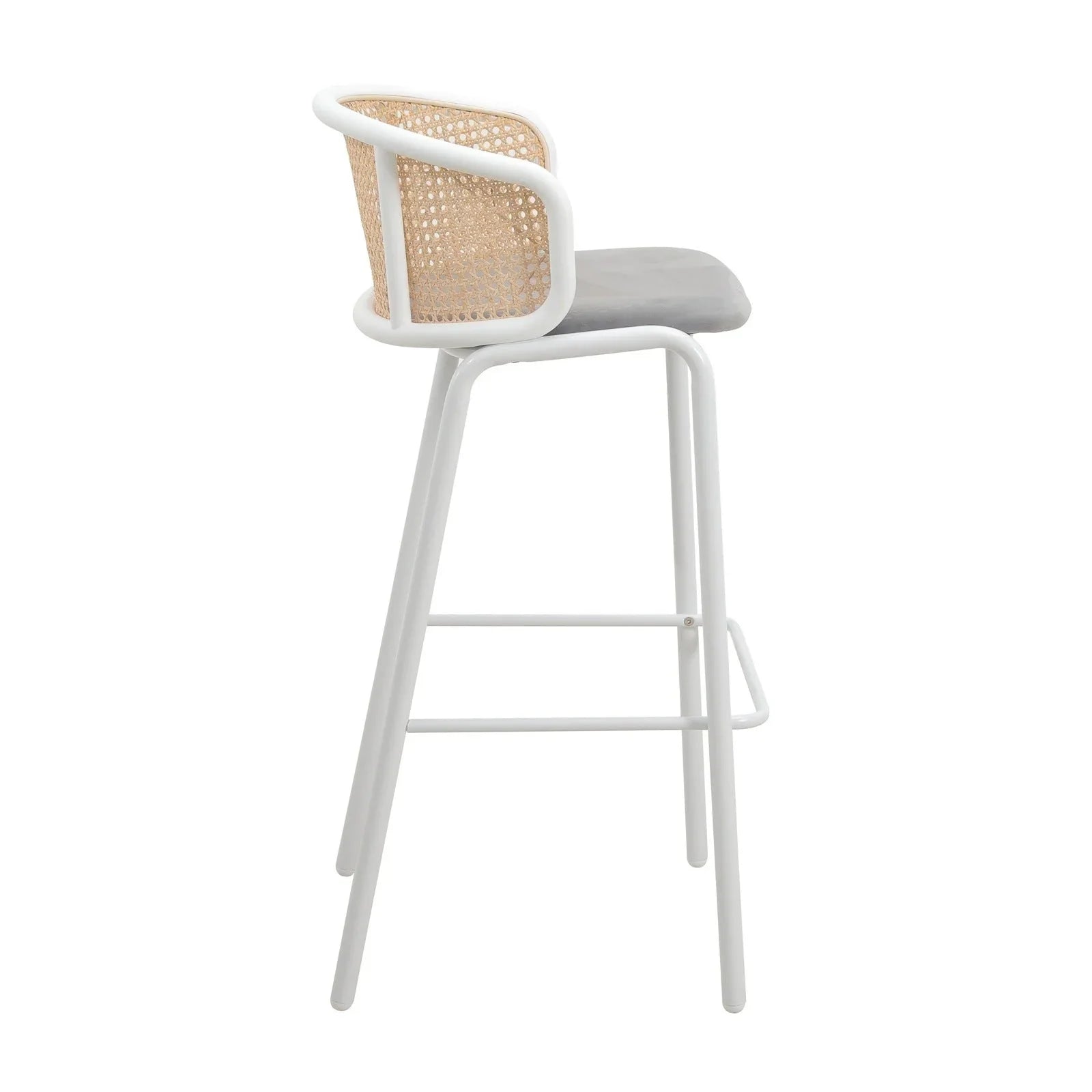 Ervilla Modern Wicker Bar Stool with Fabric Seat and White Powder Coated Steel Frame - Elax Furniture