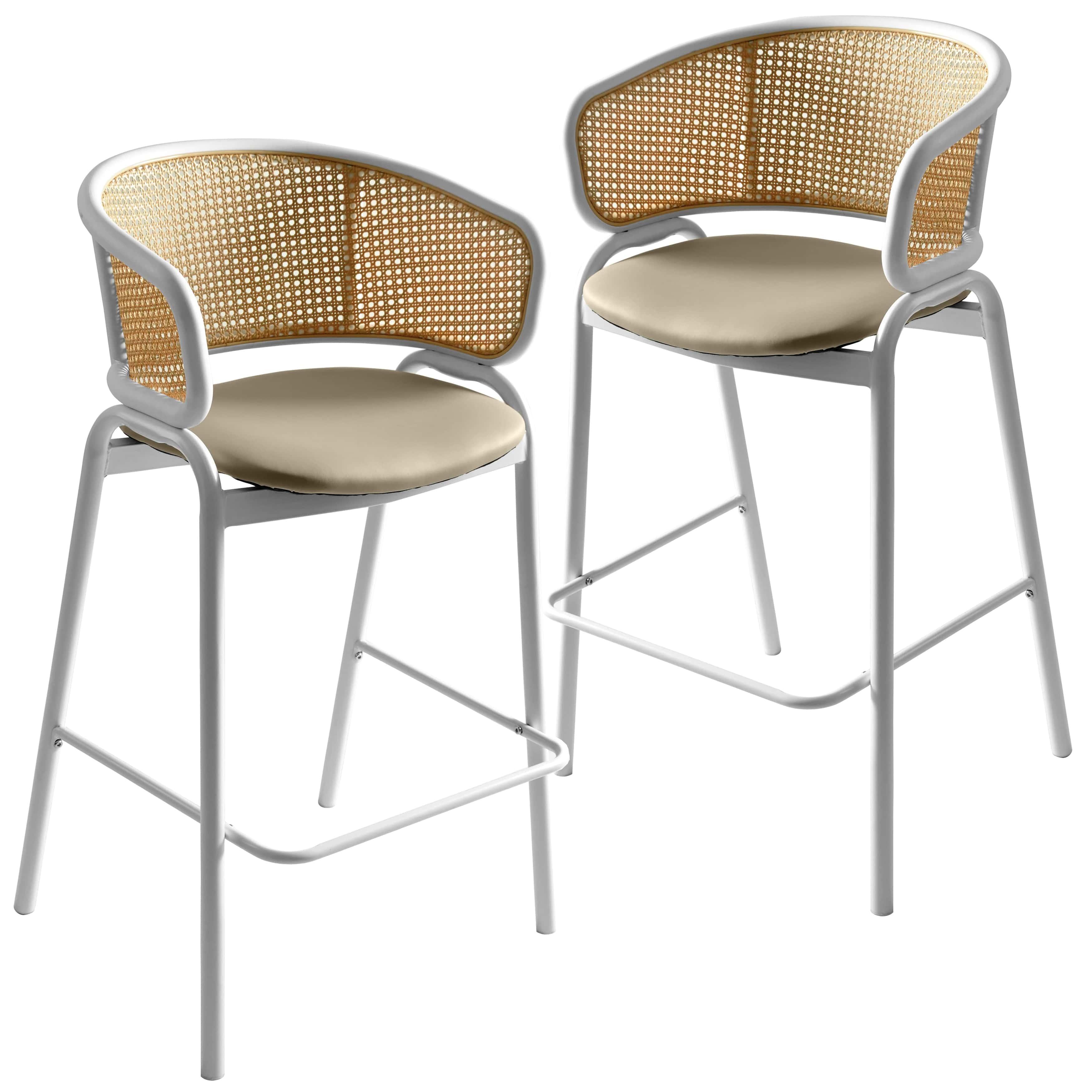 Ervilla Leather Bar Stool with Powder-Coated Stainless Steel Base and Curved Wicker Back Design - Elax Furniture