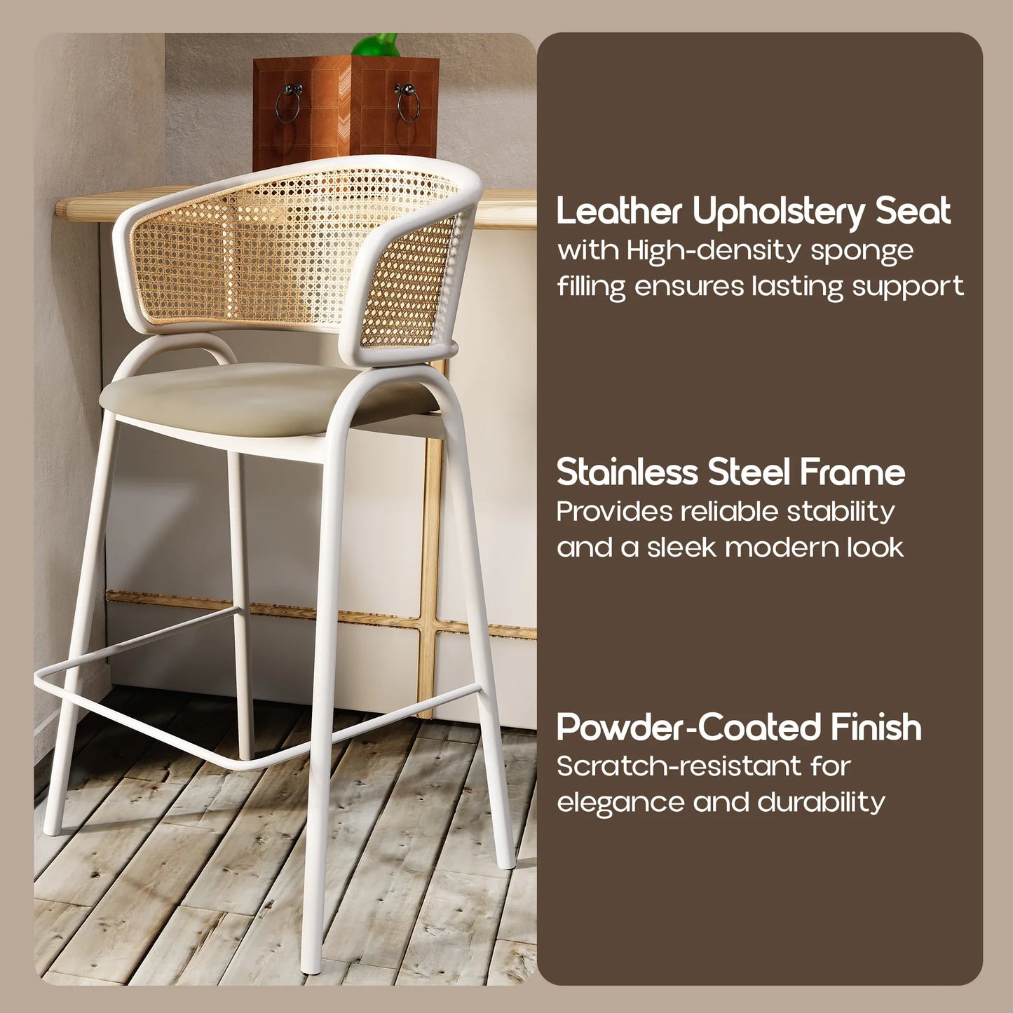 Ervilla Leather Bar Stool with Powder-Coated Stainless Steel Base and Curved Wicker Back Design - Elax Furniture