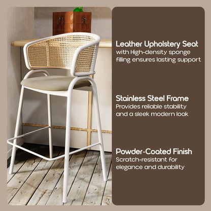 Ervilla Leather Bar Stool with Powder-Coated Stainless Steel Base and Curved Wicker Back Design - Elax Furniture