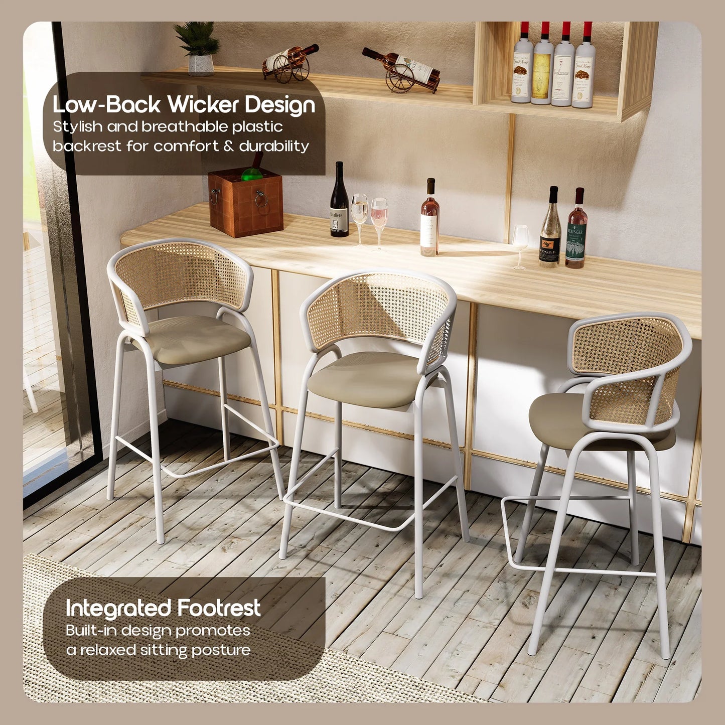 Ervilla Leather Bar Stool with Powder-Coated Stainless Steel Base and Curved Wicker Back Design - Elax Furniture