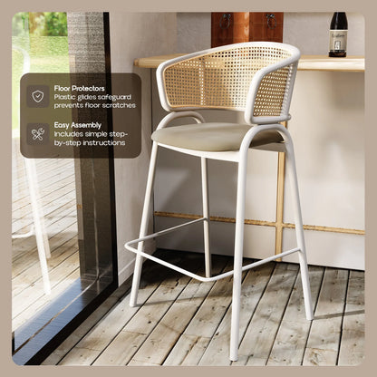 Ervilla Leather Bar Stool with Powder-Coated Stainless Steel Base and Curved Wicker Back Design - Elax Furniture