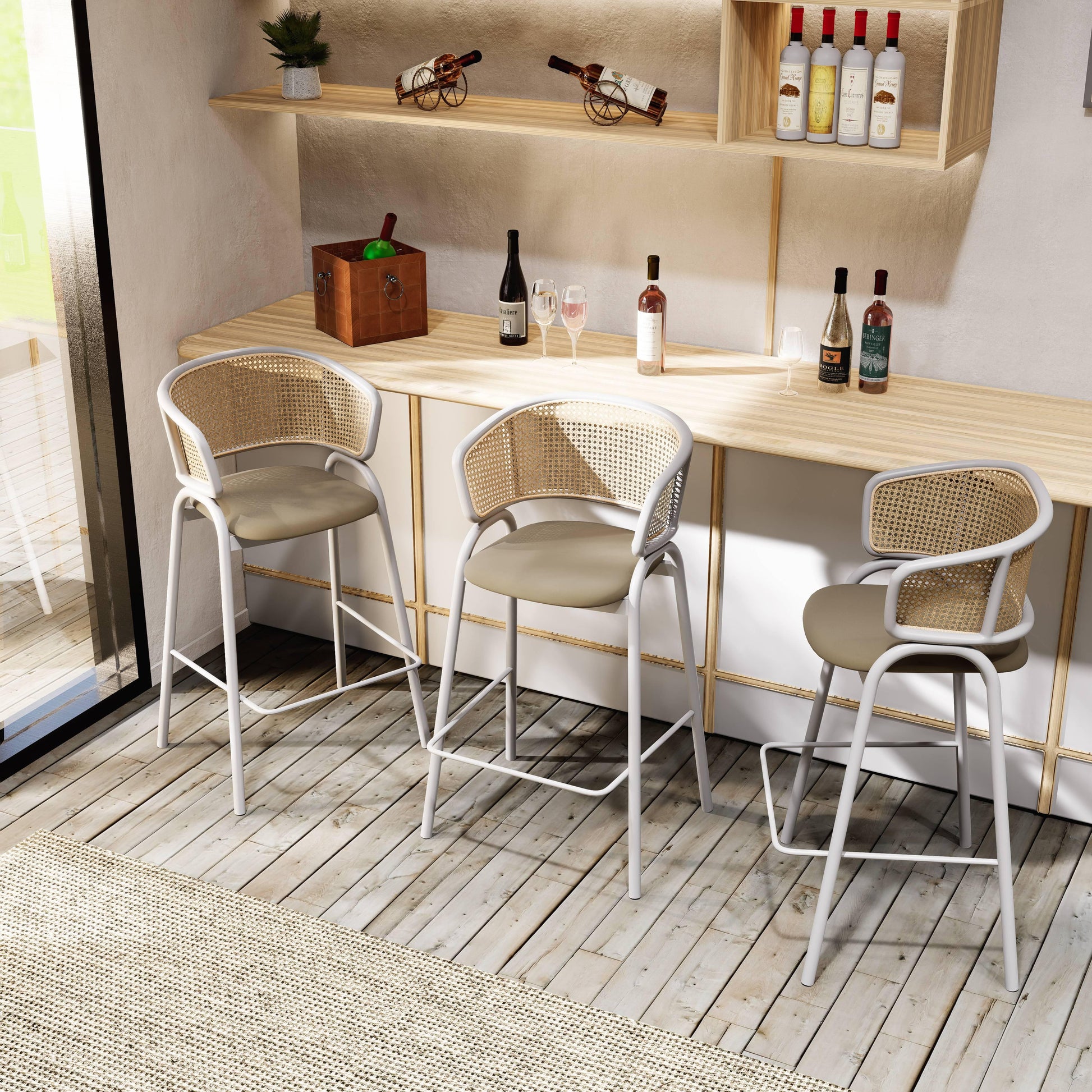 Ervilla Leather Bar Stool with Powder-Coated Stainless Steel Base and Curved Wicker Back Design - Elax Furniture