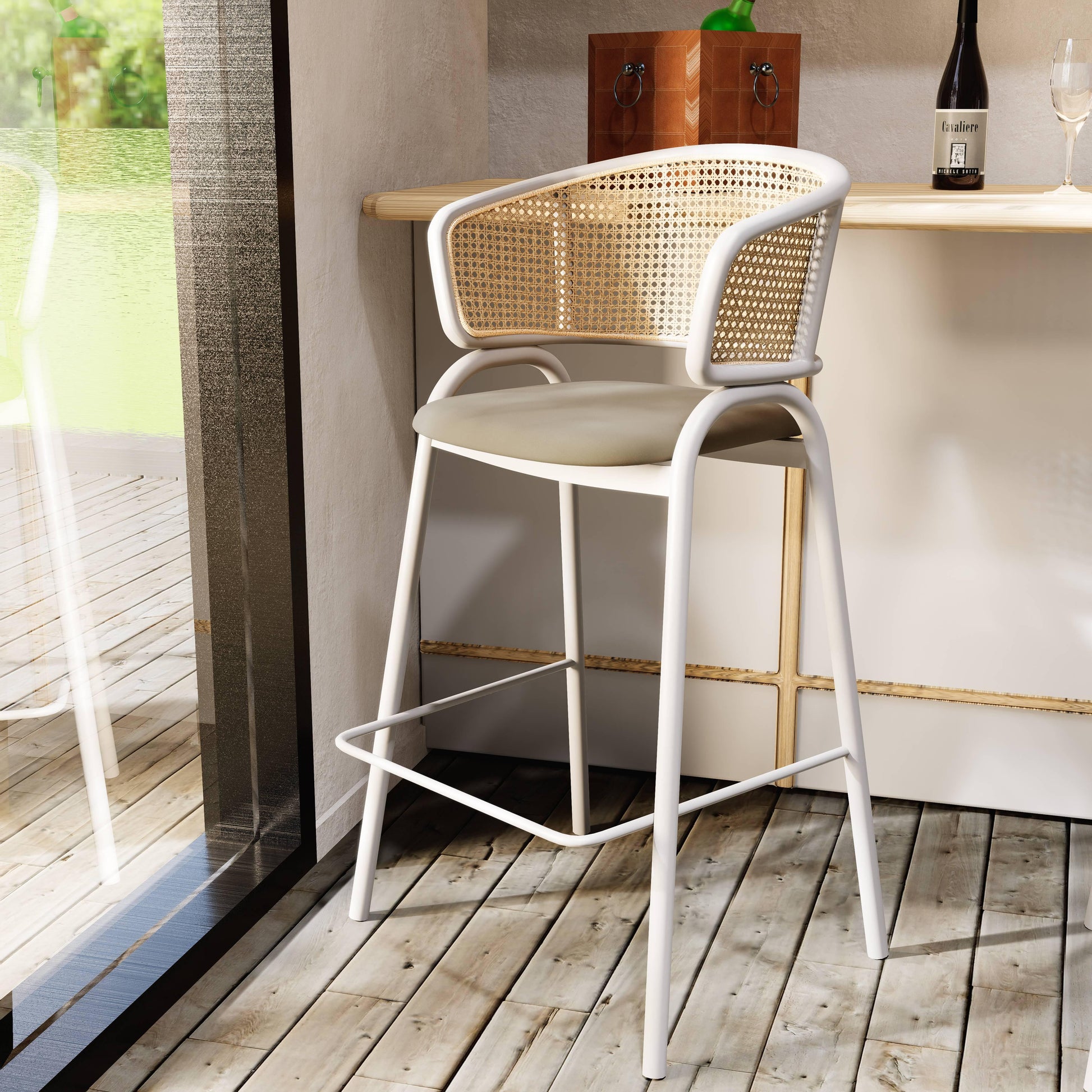 Ervilla Leather Bar Stool with Powder-Coated Stainless Steel Base and Curved Wicker Back Design - Elax Furniture