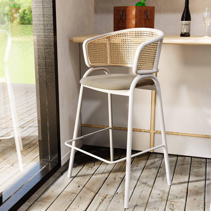 Ervilla Leather Bar Stool with Powder-Coated Stainless Steel Base and Curved Wicker Back Design - Elax Furniture