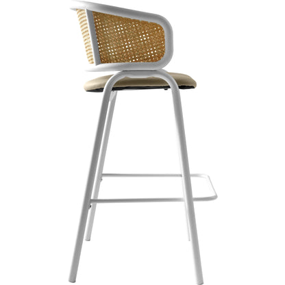 Ervilla Leather Bar Stool with Powder-Coated Stainless Steel Base and Curved Wicker Back Design - Elax Furniture
