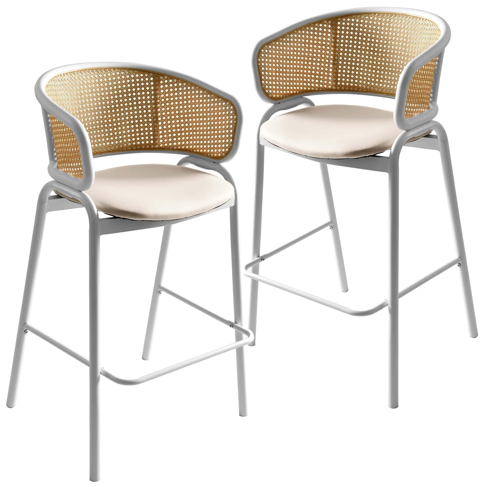 Ervilla Leather Bar Stool with Powder-Coated Stainless Steel Base and Curved Wicker Back Design - Elax Furniture