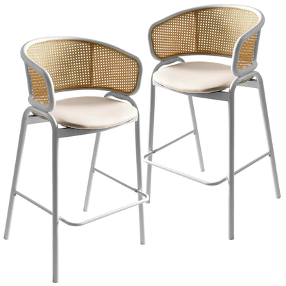 Ervilla Leather Bar Stool with Powder-Coated Stainless Steel Base and Curved Wicker Back Design - Elax Furniture