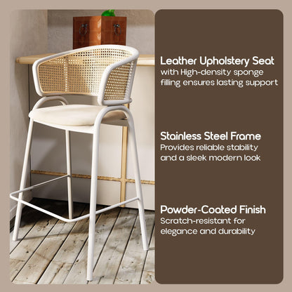 Ervilla Leather Bar Stool with Powder-Coated Stainless Steel Base and Curved Wicker Back Design - Elax Furniture