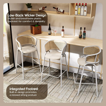 Ervilla Leather Bar Stool with Powder-Coated Stainless Steel Base and Curved Wicker Back Design - Elax Furniture