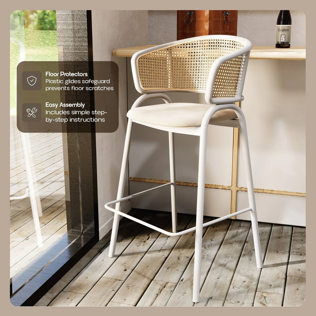 Ervilla Leather Bar Stool with Powder-Coated Stainless Steel Base and Curved Wicker Back Design - Elax Furniture