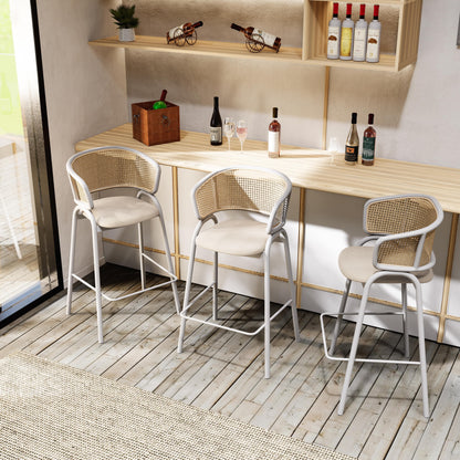 Ervilla Leather Bar Stool with Powder-Coated Stainless Steel Base and Curved Wicker Back Design - Elax Furniture