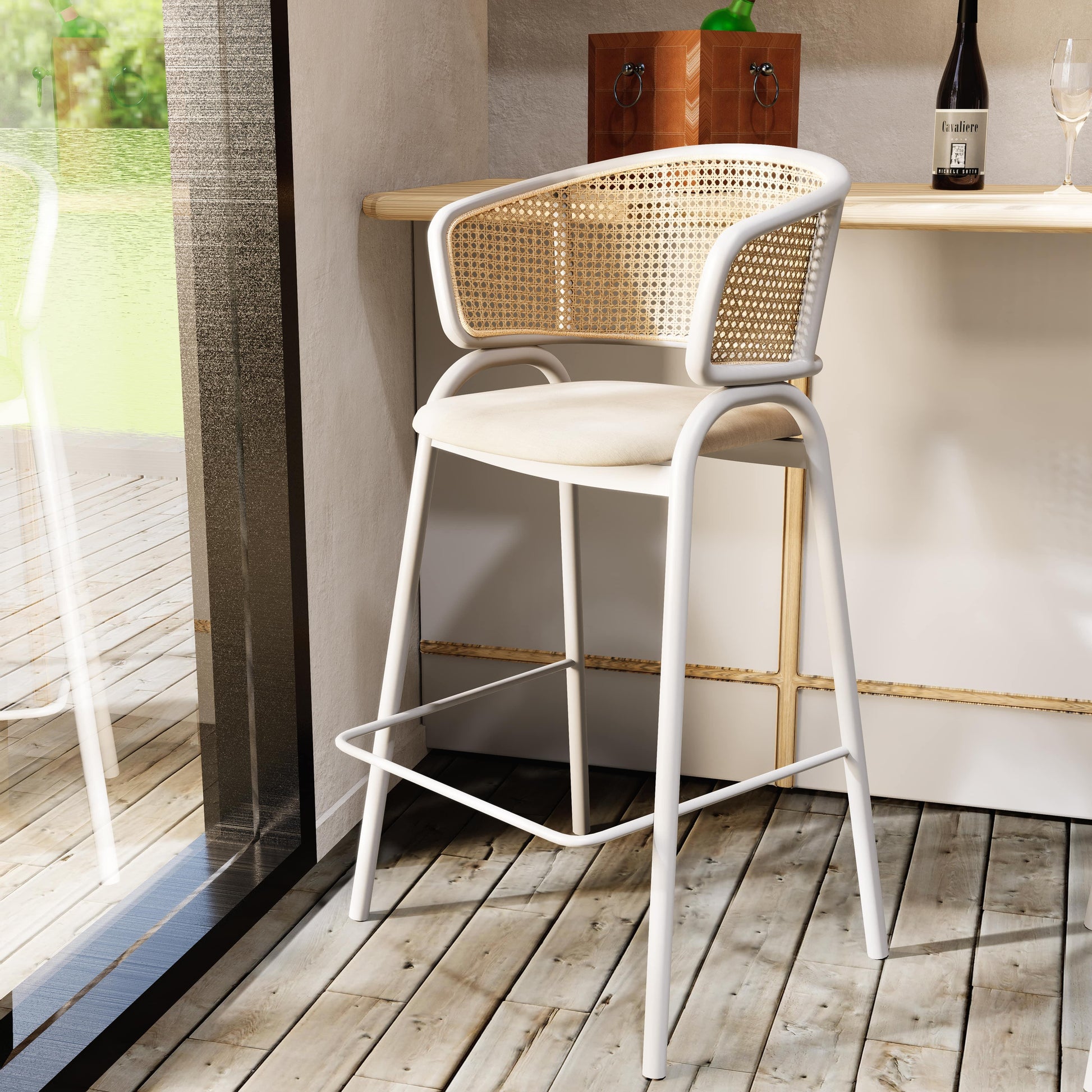 Ervilla Leather Bar Stool with Powder-Coated Stainless Steel Base and Curved Wicker Back Design - Elax Furniture