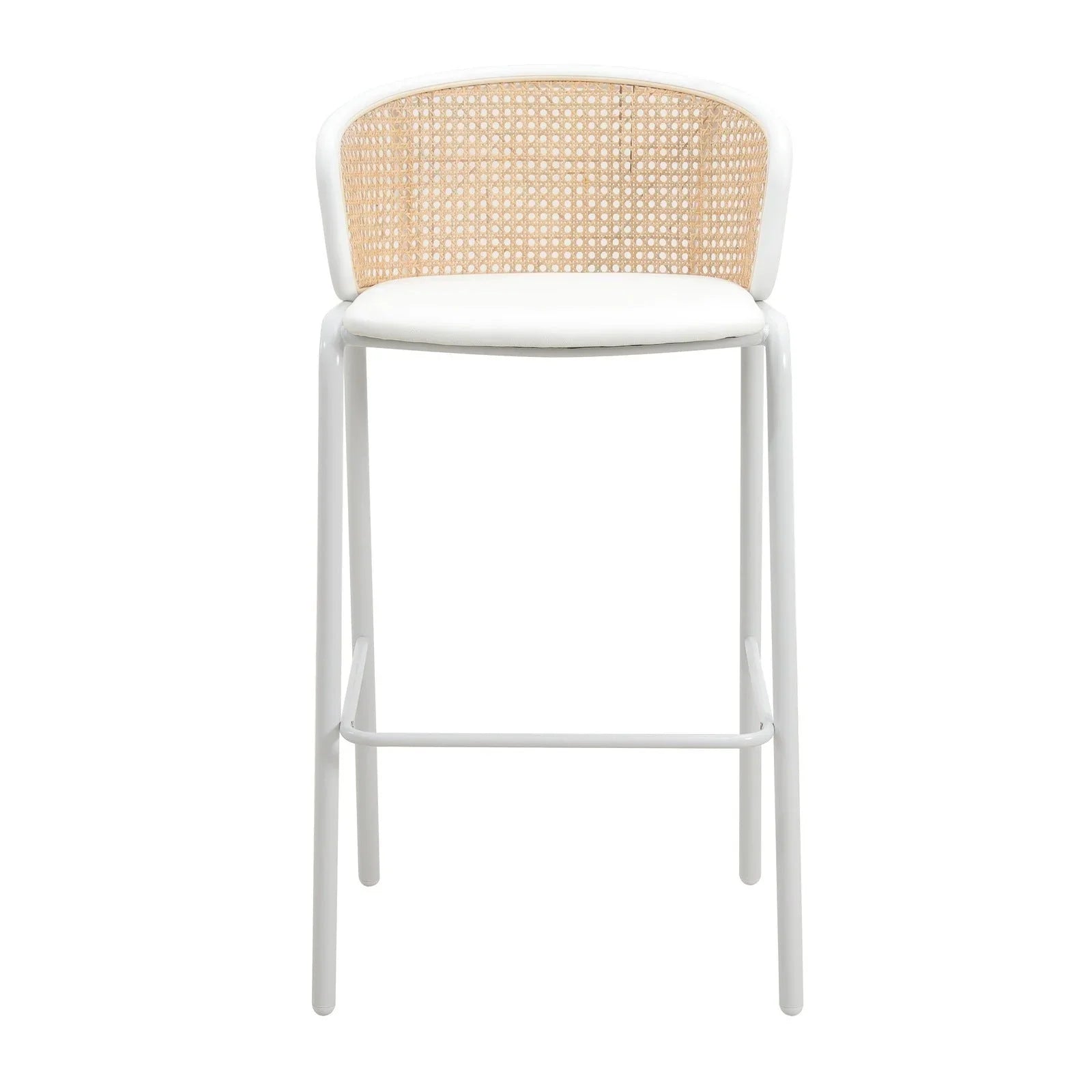 Ervilla Modern Wicker Bar Stool with Fabric Seat and White Powder Coated Steel Frame, Set of 2 - Elax Furniture