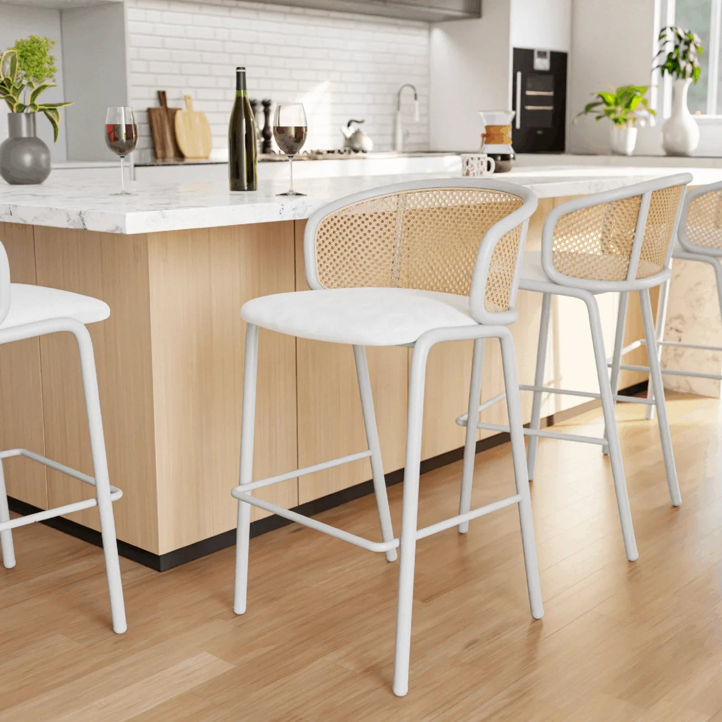 Ervilla Modern Wicker Bar Stool with Fabric Seat and White Powder Coated Steel Frame - Elax Furniture