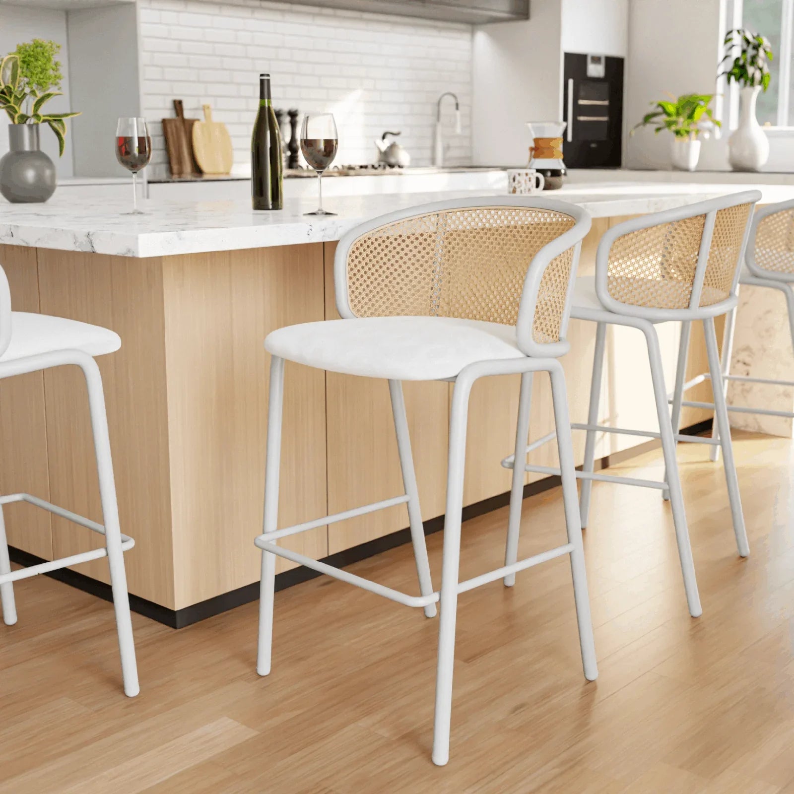 Ervilla Modern Wicker Bar Stool with Fabric Seat and White Powder Coated Steel Frame - Elax Furniture