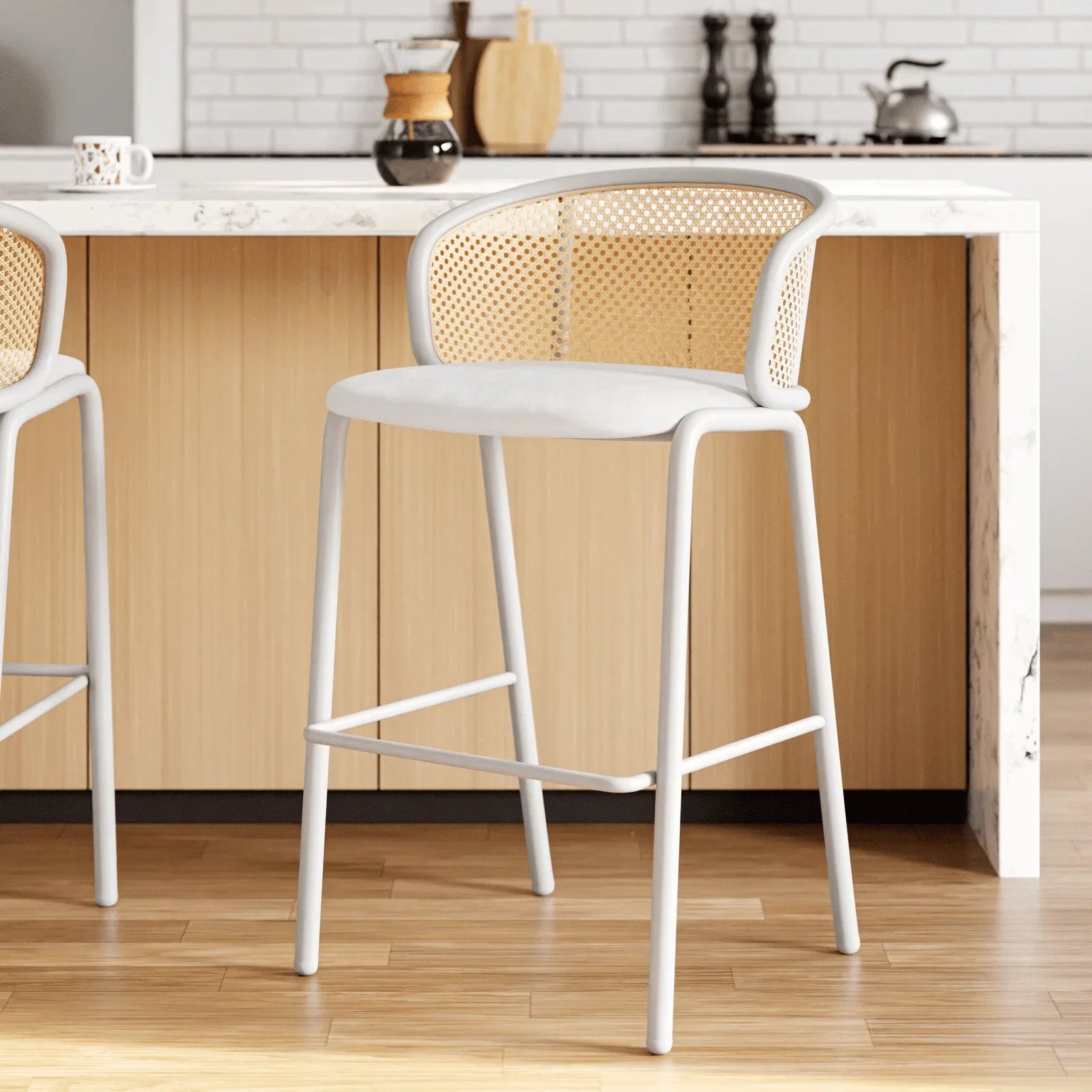 Ervilla Modern Wicker Bar Stool with Fabric Seat and White Powder Coated Steel Frame - Elax Furniture