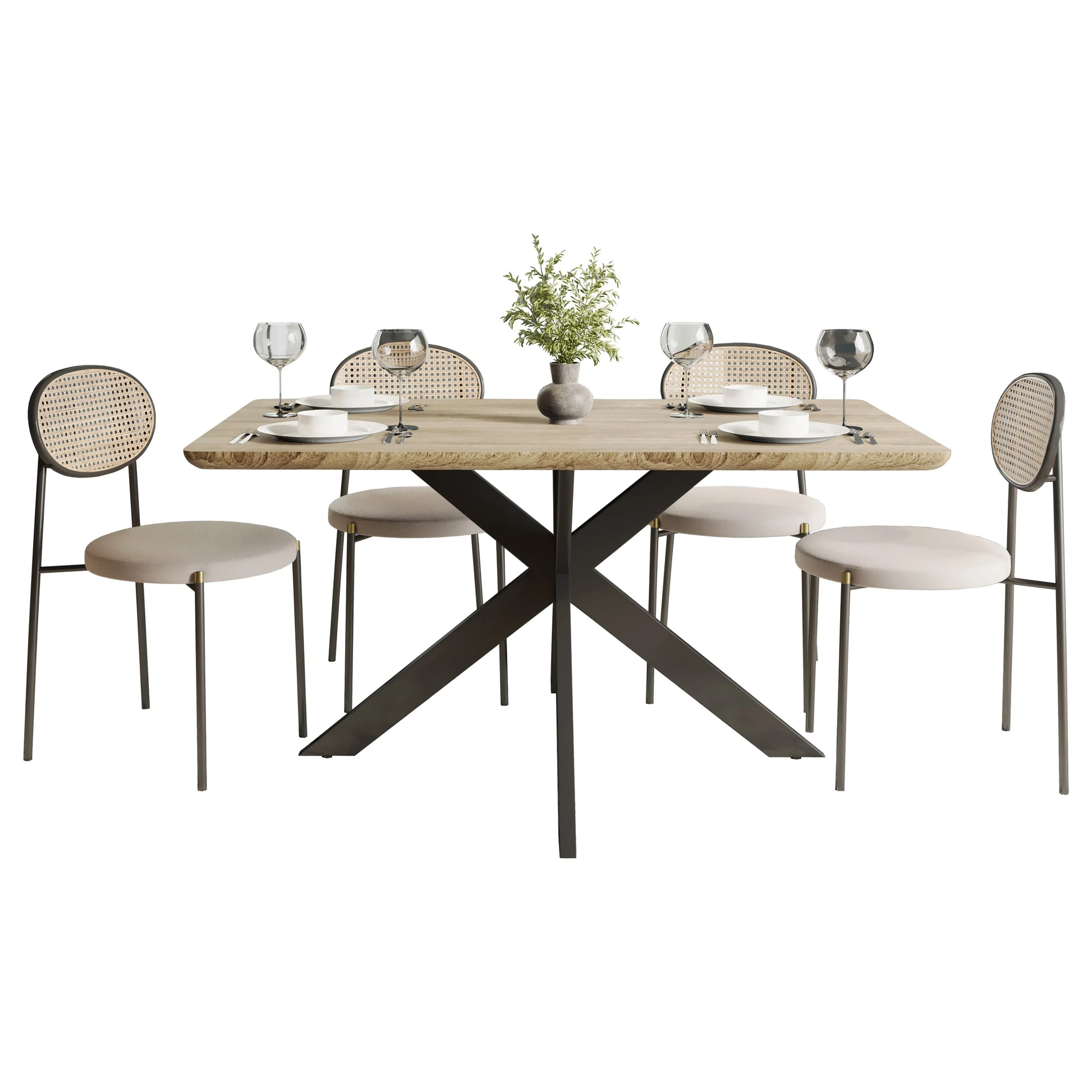 Ravenna 5-Piece Dining Set with 63" Rectangular Dining Table in Maple with 4 Velvet Dining Chairs in Black Steel Legs - Elax Furniture