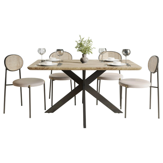 Ravenna 5-Piece Dining Set with 63" Rectangular Dining Table in Maple with 4 Velvet Dining Chairs in Black Steel Legs - Elax Furniture