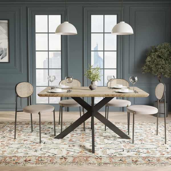 Ravenna 5-Piece Dining Set with 63" Rectangular Dining Table in Maple with 4 Velvet Dining Chairs in Black Steel Legs