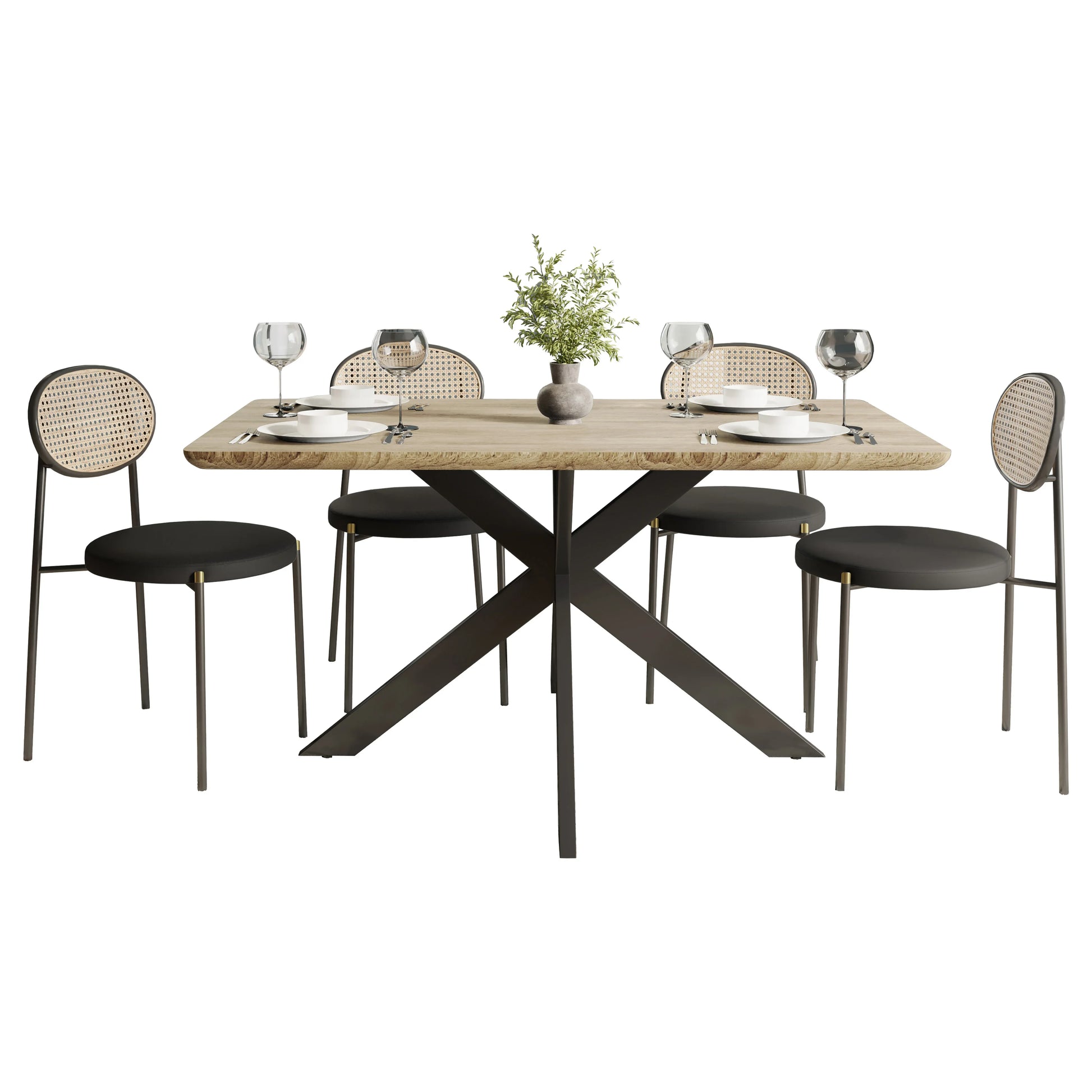 Ravenna 5-Piece Dining Set with 63" Rectangular Dining Table in Maple with 4 Velvet Dining Chairs in Black Steel Legs - Elax Furniture