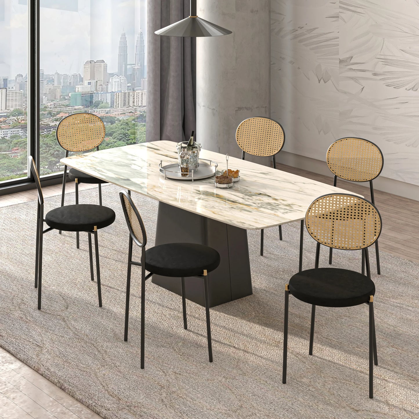 Euston Modern Wicker Dining Chair with Round Velvet Seat Set of 4 - Elax Furniture