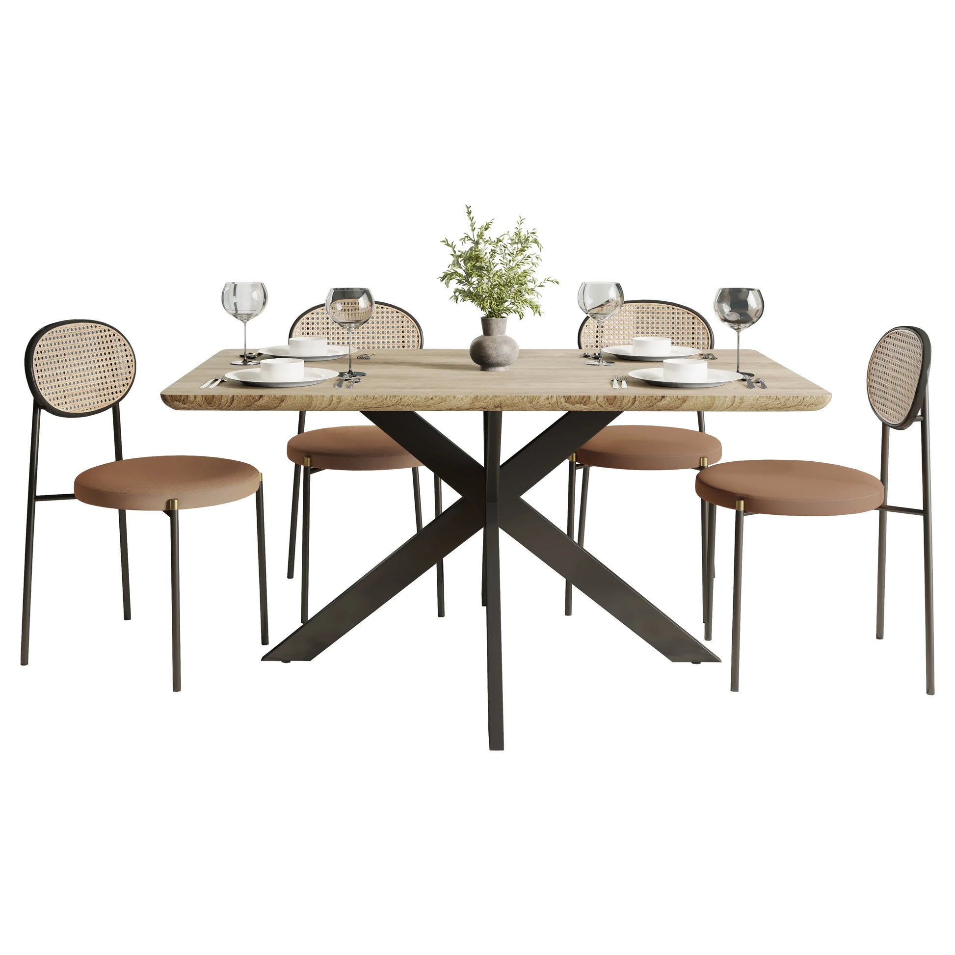 Ravenna 5-Piece Dining Set with 63" Rectangular Dining Table in Maple with 4 Velvet Dining Chairs in Black Steel Legs - Elax Furniture