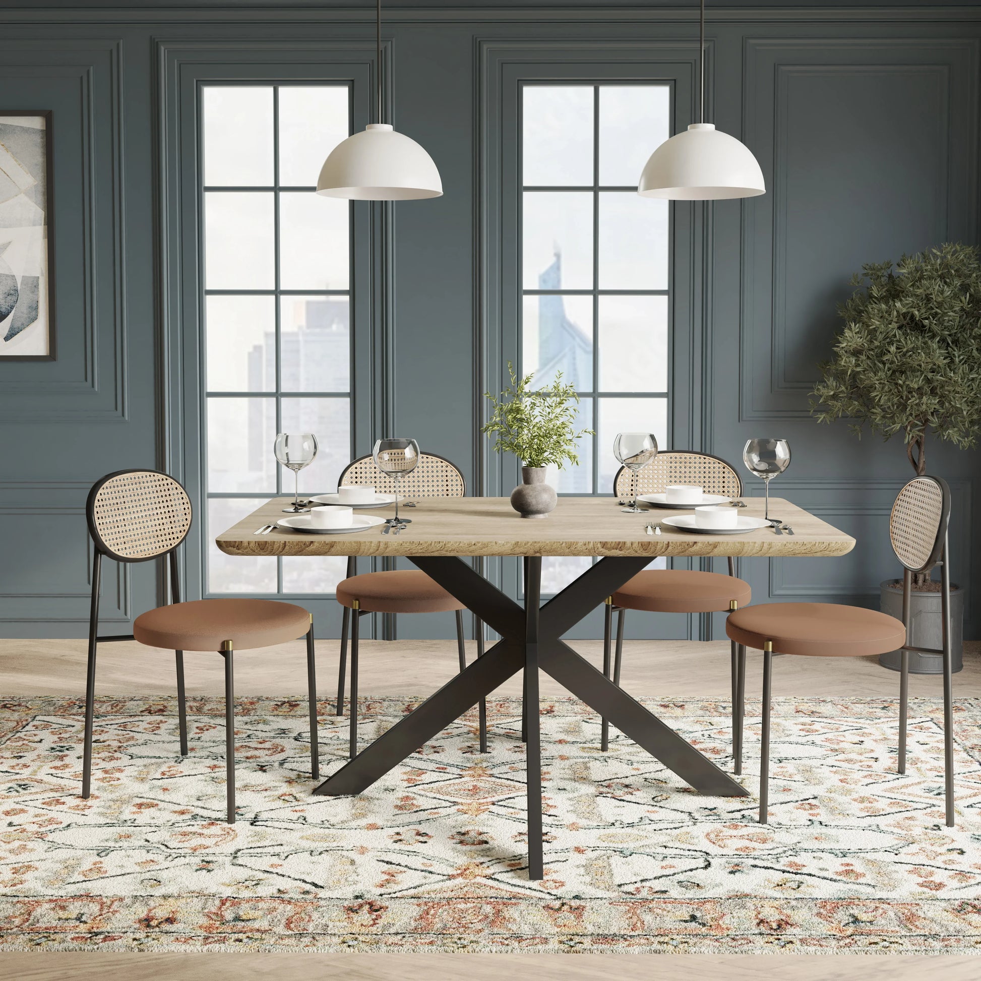 Ravenna 5-Piece Dining Set with 63" Rectangular Dining Table in Maple with 4 Velvet Dining Chairs in Black Steel Legs - Elax Furniture