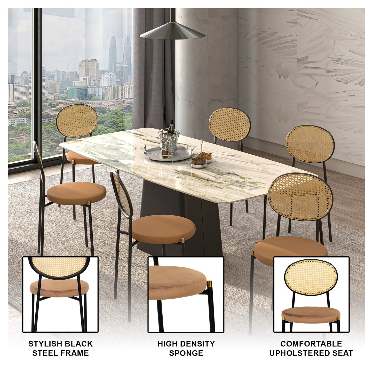 Euston Modern Wicker Dining Chair with Round Velvet Seat Set of 4 - Elax Furniture