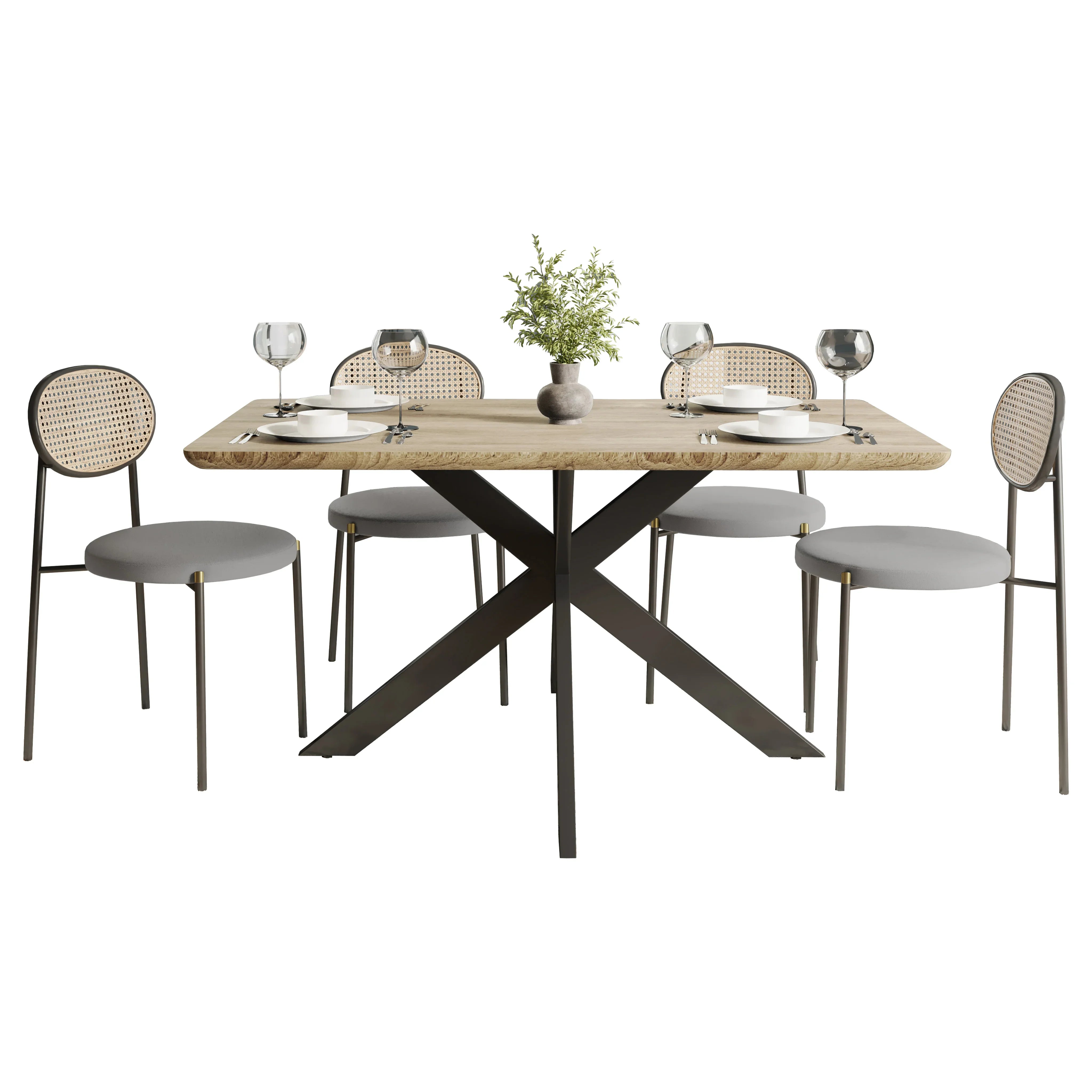 Ravenna 5-Piece Dining Set with 63" Rectangular Dining Table in Maple with 4 Velvet Dining Chairs in Black Steel Legs - Elax Furniture