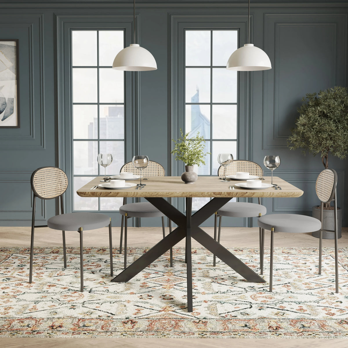 Ravenna 5-Piece Dining Set with 63" Rectangular Dining Table in Maple with 4 Velvet Dining Chairs in Black Steel Legs - Elax Furniture