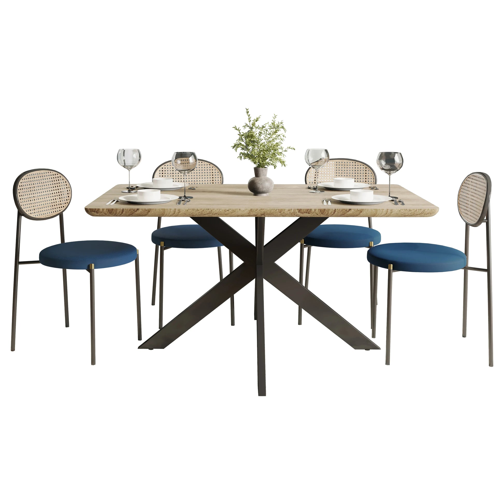 Ravenna 5-Piece Dining Set with 63" Rectangular Dining Table in Maple with 4 Velvet Dining Chairs in Black Steel Legs - Elax Furniture
