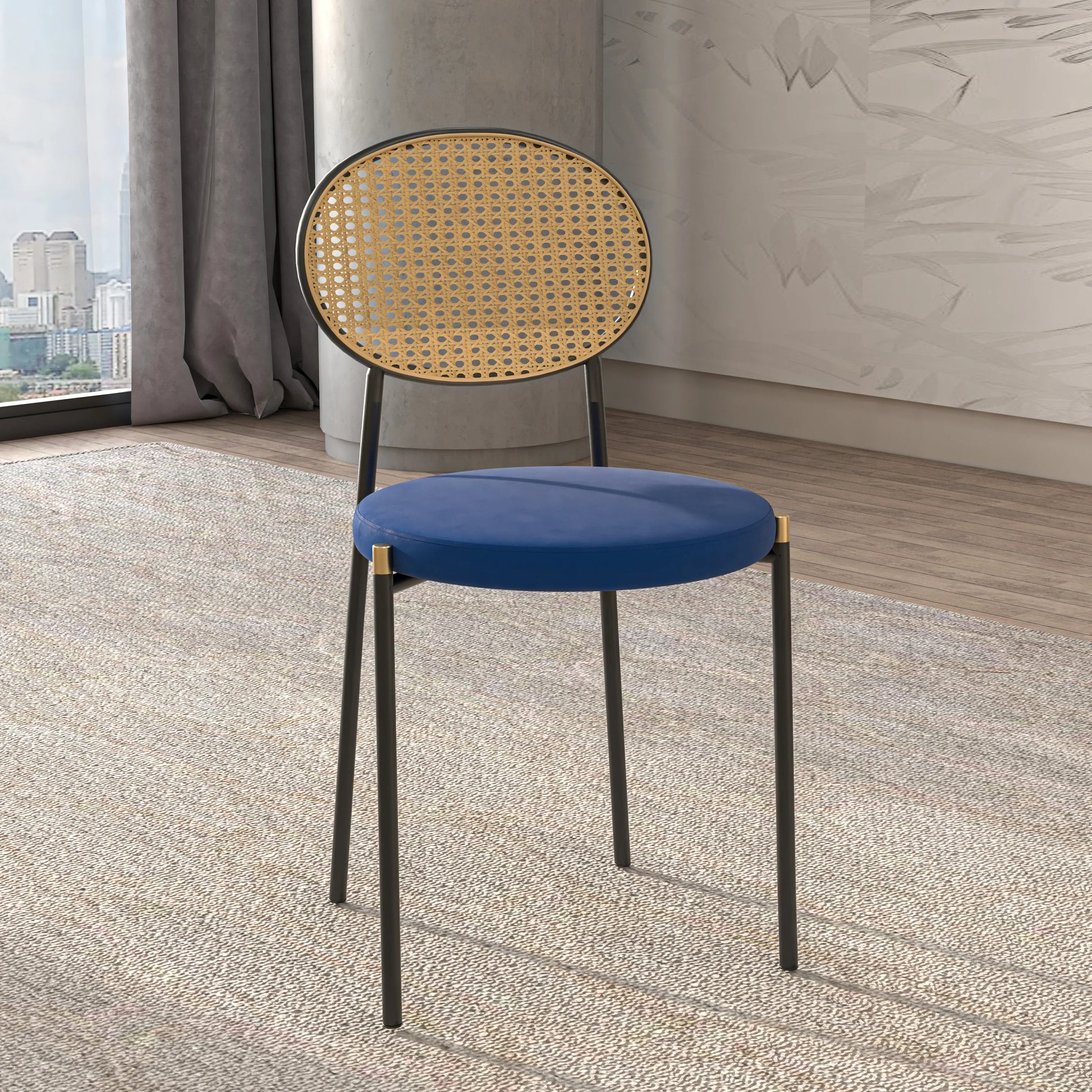 Euston Modern Wicker Dining Chair with Round Velvet Seat Set of 4 - Elax Furniture